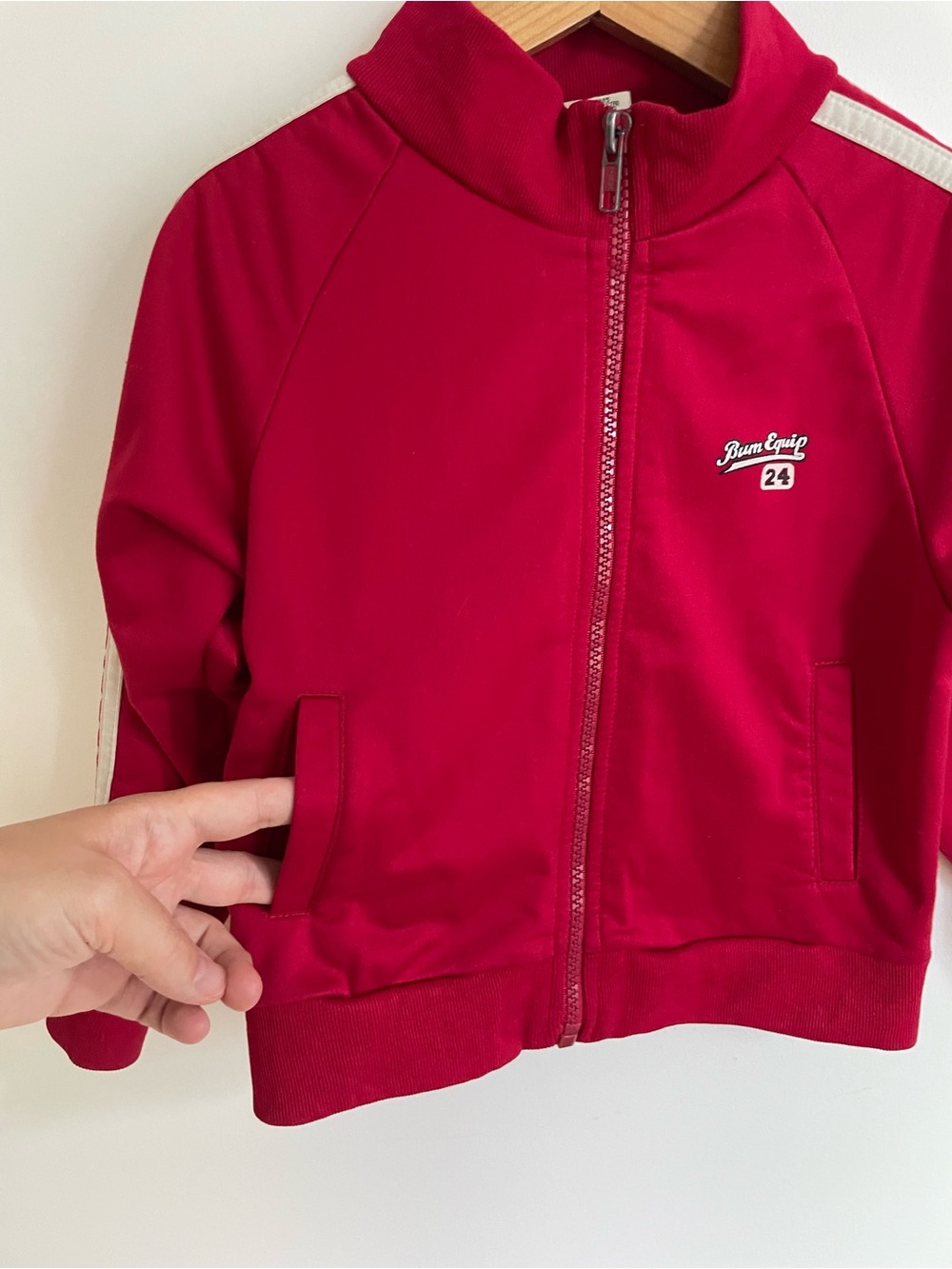 Vintage b.u.m. equipment Track Jacket, Raspberry Red, Classic Taupe Arm Stripes